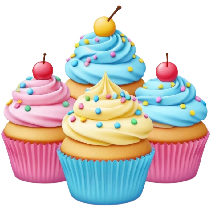 A 3D cartoon poster design advertising cupcakes, with bright pastel colors, clean text and borders, soft background, realistic Memoji-style layout. emoji