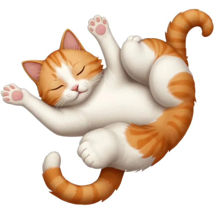 ginger and white small cat eyes closed lying down upside down with paws stretched out straight in different directions emoji