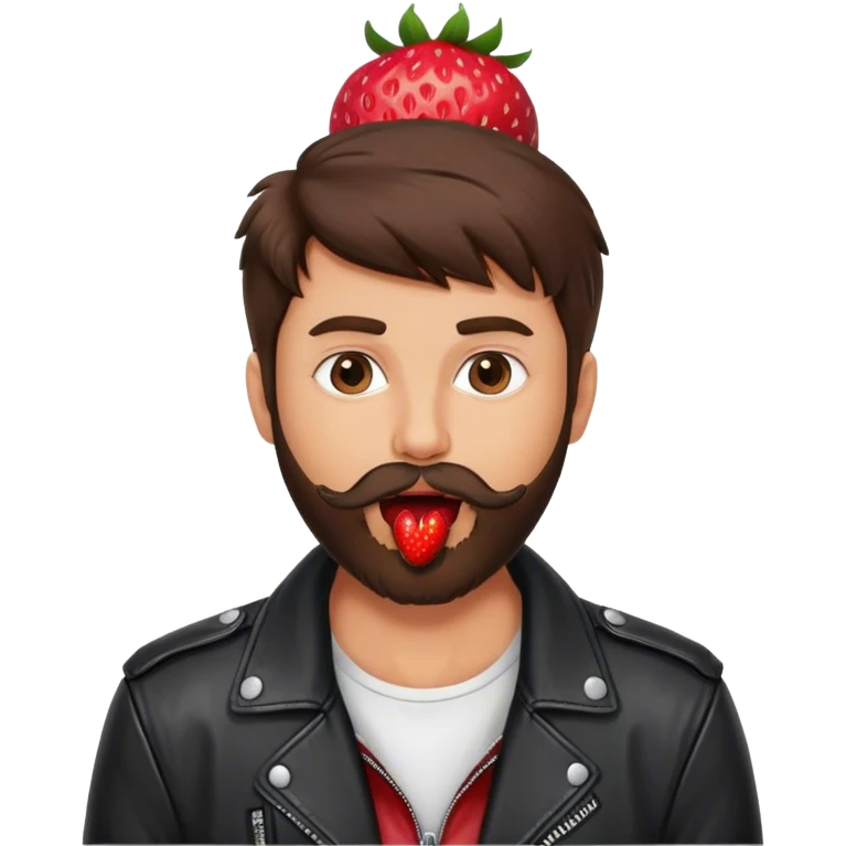 dressed with a black leather jacket, a brunette guy with a beard and toupee, with a strawberry in his mouth emoji