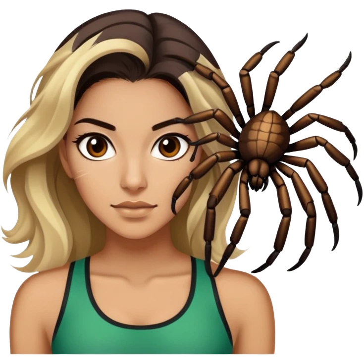 Attractive and athletic Mexican woman in her 20s with dark brown hair with some blonde highlights, with a tarantula emoji
