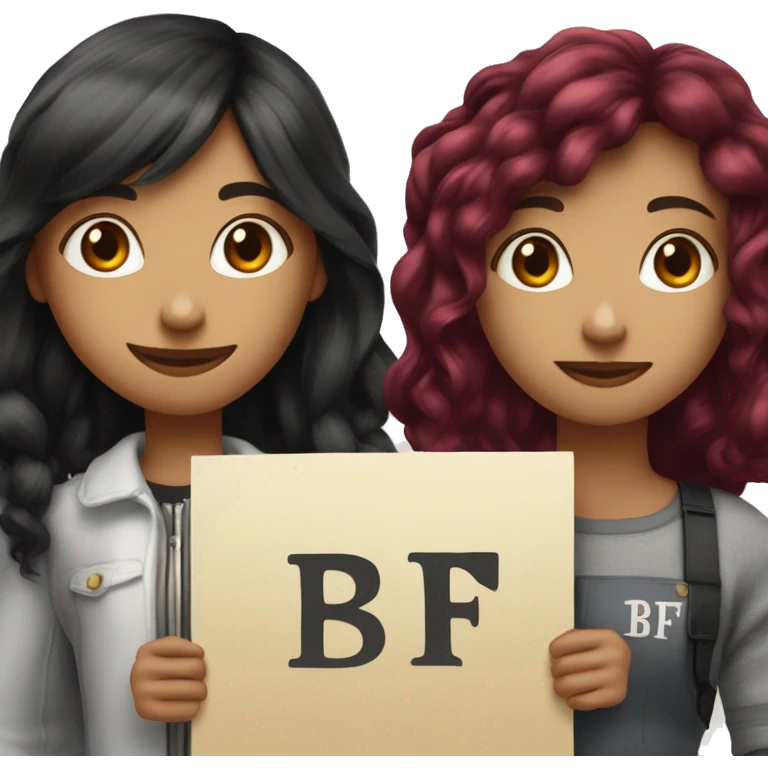 Girl with burgundy hair next to a tall boy with short black hair holding up a sign that says “BFF” emoji