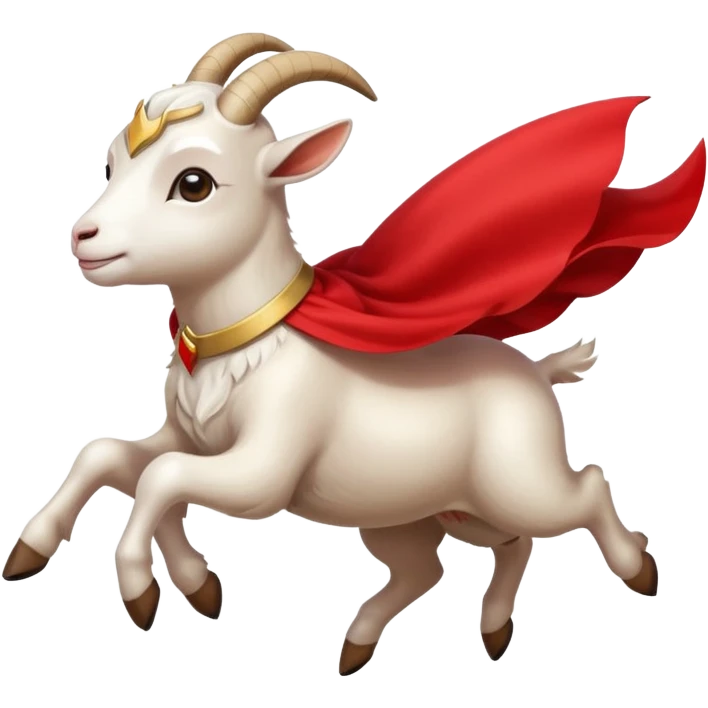 side view of white female goat wearing a read cape like superman emoji