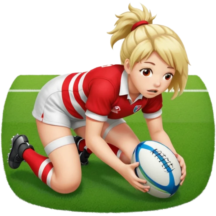 Chica de pelo rugby tirada en el suelo de un campo de rugby boca abajo agarrando un balón con las manos vestida con una equipación de color rojo y blanco con líneas y con unas botas de tacos de fútbol, con un bucal en la boca emoji