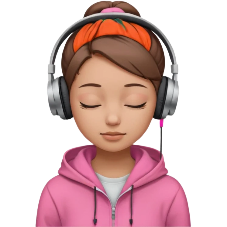 girl with light skin wearing headphones. closed eyes. no makeup. pink hoodie. only brown hair in a bun.  emoji