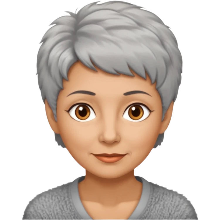 woman 50 years old, very short grey fluffy hair, tannes skin and brown eyes emoji