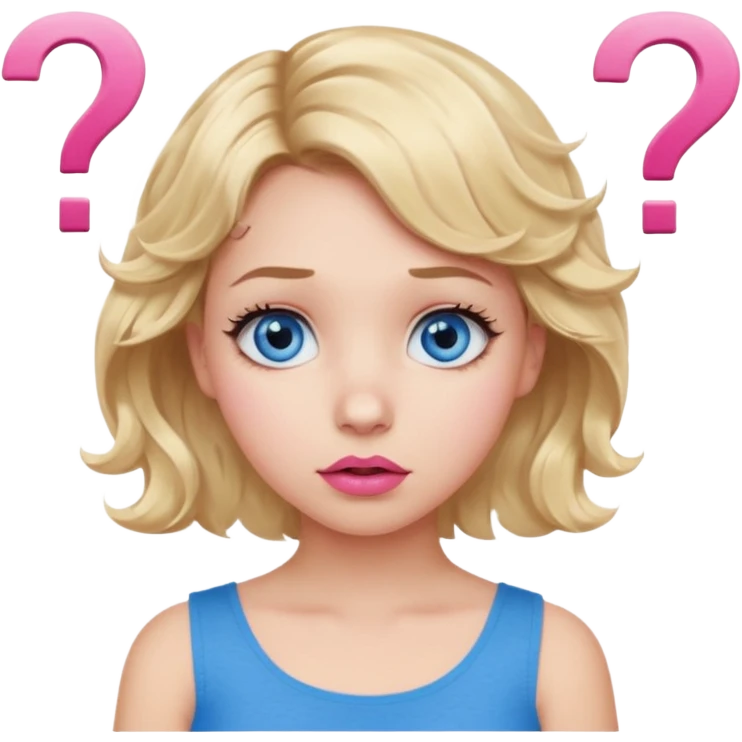Girl Blonde short wavy hair,  blue eyes, cute blue top, long lashes, pink lips, question mark emoji