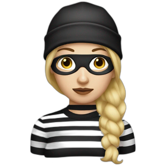 bank robber blonde woman with black beanie hat eye mask and striped shirt emoji