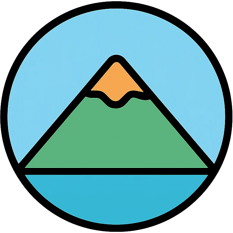 circular mountain icon, color outline style, medium black border, no frame, white background, simple and clean, minimalist, Little Alchemy style, sky color matching sea ocean and volcano icons emoji