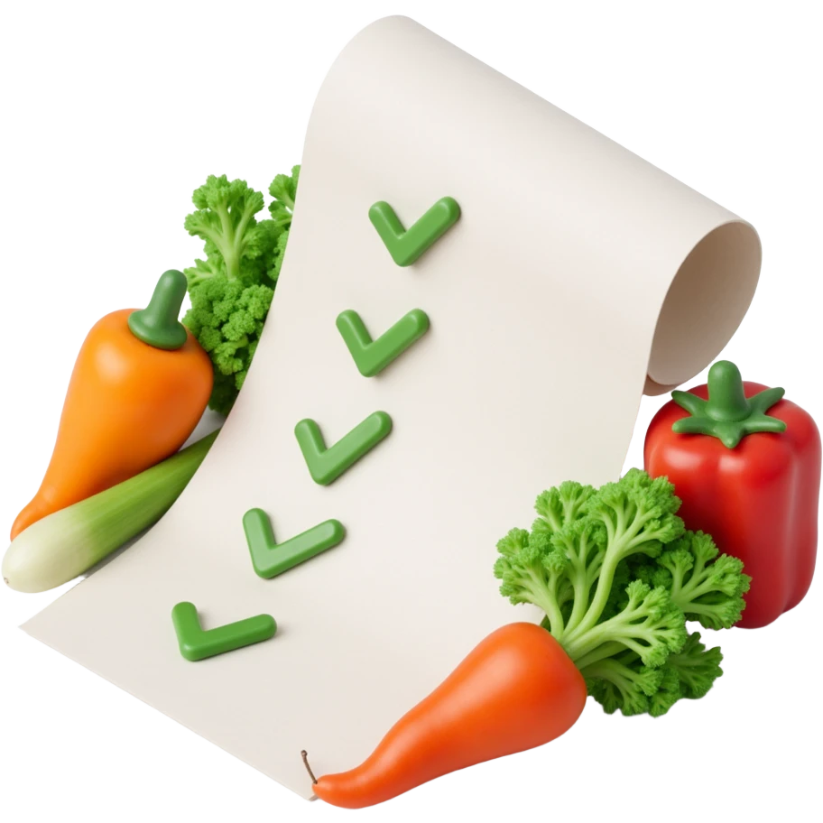 floating rolled paper list with green checkboxes and around vegetables emoji