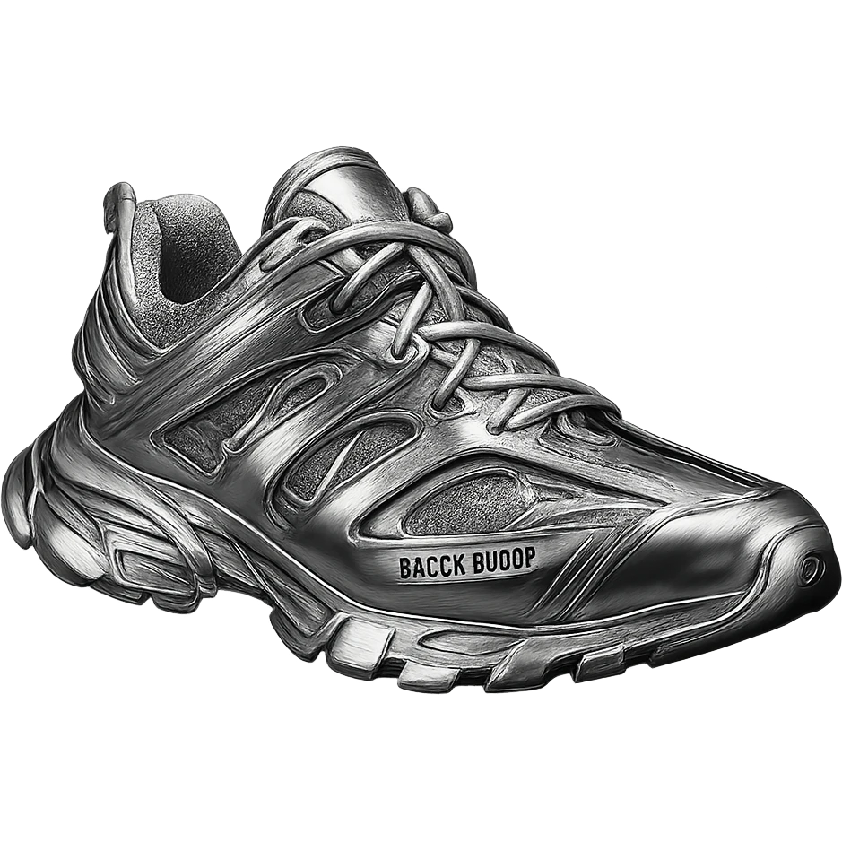 Balenciaga Track sneakers in chrome style, highly reflective metallic finish, detailed design, simple background emoji