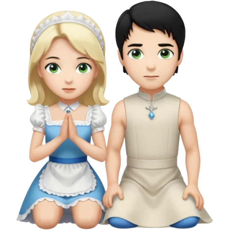 Prince, standing, black hair, blue eyes, garmont, and maid, blonde Hair, green eyes, white short sleveless dress, kneeling  emoji