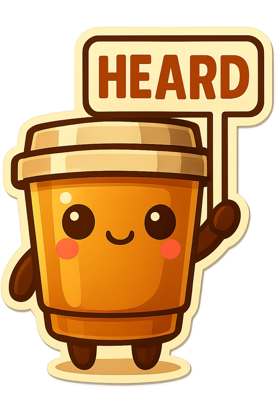 Tall coffee cup, no mouth, holding sign "heard" emoji