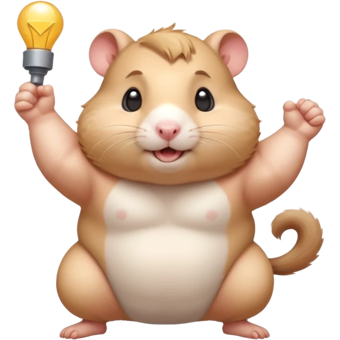 Cute chubby cartoon-style hamster flexing tiny arms like a bodybuilder, sparkles around it, triumphant expression. Painterly shading, white background, sticker-style illustration. emoji