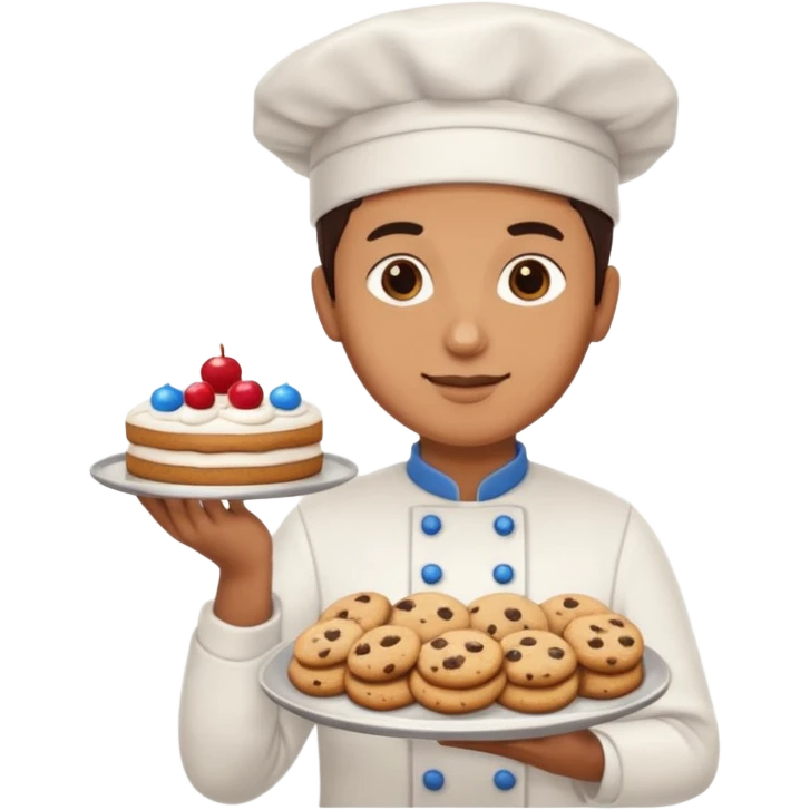 a baker holding a tray of cookies with a cake emoji