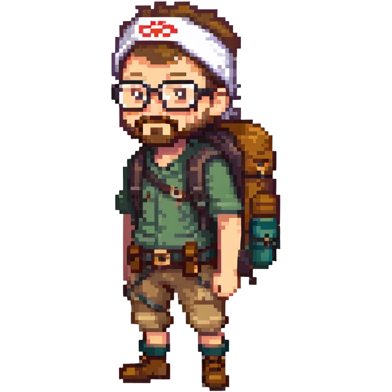 adventurer with goatee beard (no beard on cheeks), short hair, glasses, bandana on head and backpack emoji