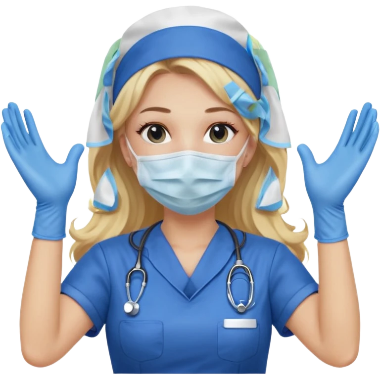 enfermera rubia con pelo largo sin balaca en el pelo, con mascarilla y guantes azules las dos manos arriba emoji