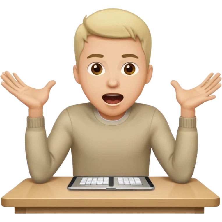 man sitting at a table, shouting, hands on the table, leaning forward, working, energetic emoji