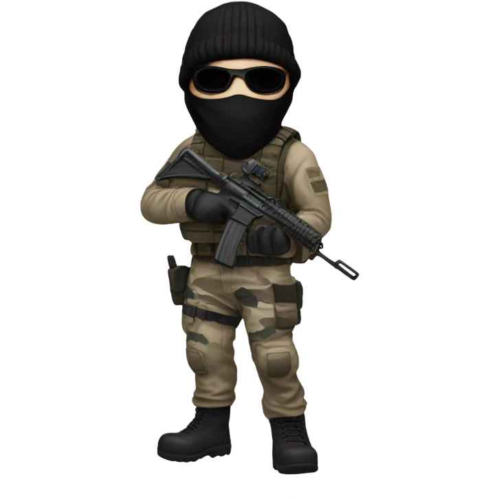 White male, call of duty black mask, camo tactical gear, tan combat boots, black beanie, blue eyes emoji