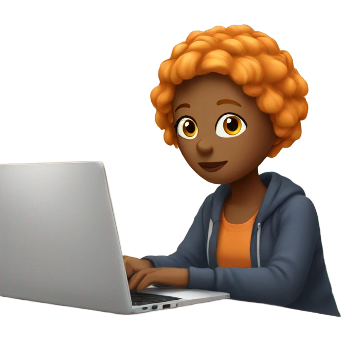 Orange haired Girl working on a laptop in cozy room emoji