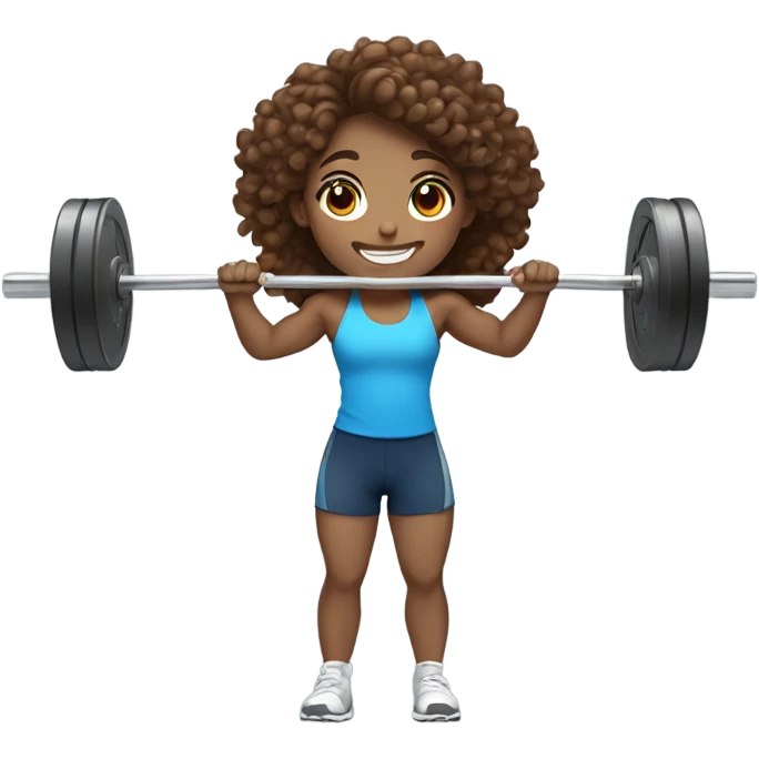 smiling girl weightlifting a barbell with fair skin, long brown curly hair and blue eyes emoji