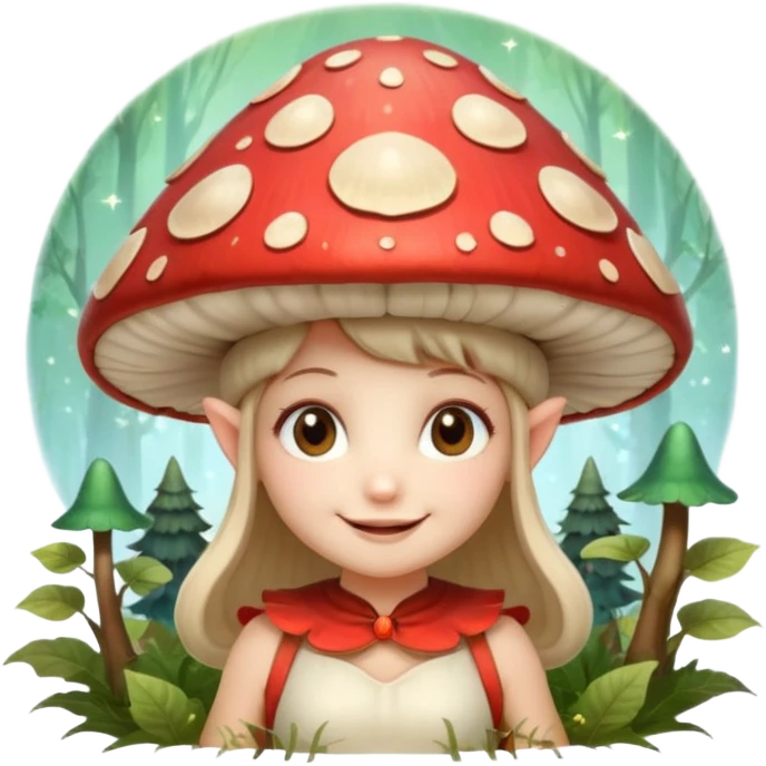 mushroom fairy portrait, head and shoulders only, wearing a large mushroom cap hat, tiny glowing wings visible behind shoulders, cute magical smile, forest fantasy vibe, 3D cartoon, mobile game icon style, clean background, no text, no watermark

 emoji