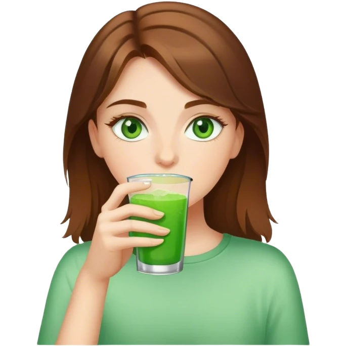 brown-haired girl with green eyes drinks green drink emoji