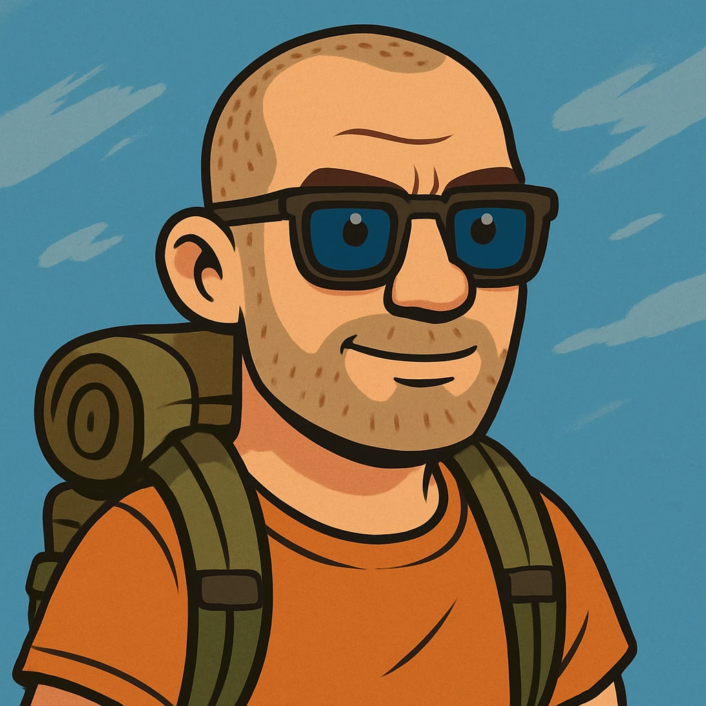 a bold man with very short hair, wearing squared dark glasses, blue eyes, traveler vibe, cartoon style emoji