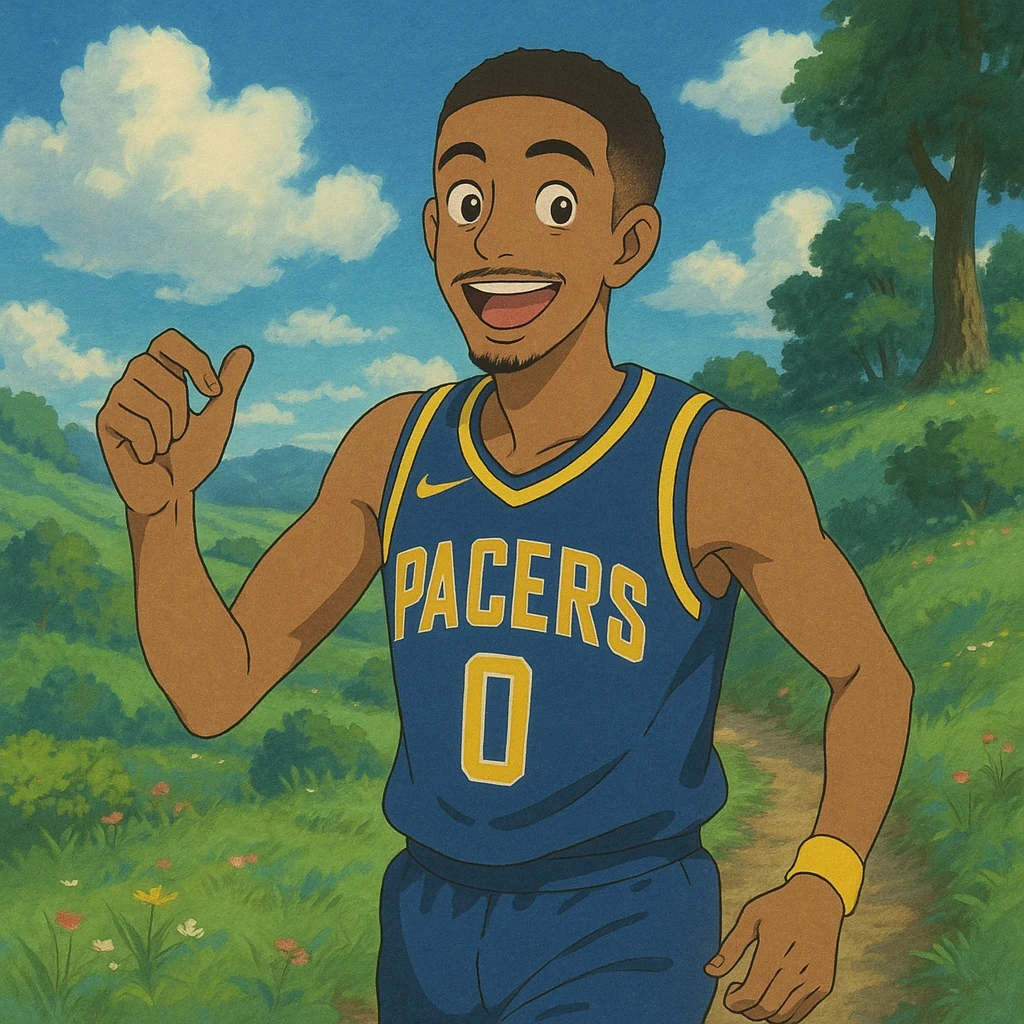 Tyrese Haliburton as a Ghibli character, Indiana Pacers jersey, playful mood, soft textures, fantasy-inspired setting emoji