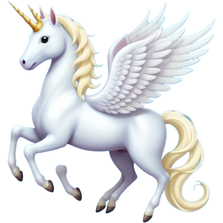 All white Cinematic Noble Unicorn with wings, slender with a flowing mane and tail and spiraled horn emoji