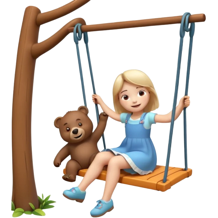 Create a 3D animated scene in the style of a children's cartoon. A small girl similar to Masha is sitting on a swing, smiling happily. A big friendly bear stands behind her gently pushing the swing. Bright colorful forest background, soft lighting, warm and playful mood." emoji