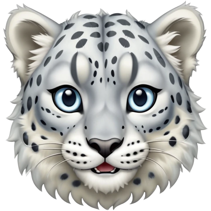 Cinematic-Comical-Snow-Leopard-Portrait-Emoji – Head tilted dramatically with an exaggeratedly amused expression, featuring a thick, spotted white-and-grey coat with a dense ruff around the neck, wide, piercing icy blue eyes filled with playful disbelief zoomed out showing the shoulders emoji