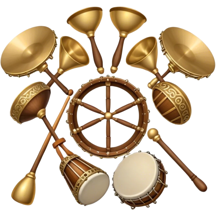Create a heraldic, festive, and professional emblem-like emoji representing percussion instruments. The design should resemble a traditional crest, featuring a range of percussion instruments like cymbals, triangle, tambourine, maracas, timpani, and other traditional and folk percussion instruments. Arrange them symmetrically, with elements like cymbals crossing each other, a triangle at the center, and timpani or drums flanking the sides. The instruments should be depicted with metallic and wooden tones—shiny brass for cymbals, silver for the triangle, and rich wood or polished bronze for drums. Include ornate details like engraved patterns on the instruments, decorative swirls or laurels, and subtle accents to add elegance and festivity to the composition. The overall design should be cohesive, balanced, and visually striking, suitable for use as a prestigious emblem. The background should be transparent. emoji