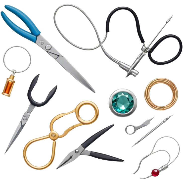 Jewelry art icon, various jewelry pieces like rings, necklaces, and bracelets in progress, visible tools such as pliers, gemstone, wire, and soldering equipment, minimalistic style, clean lines, transparent background. emoji
