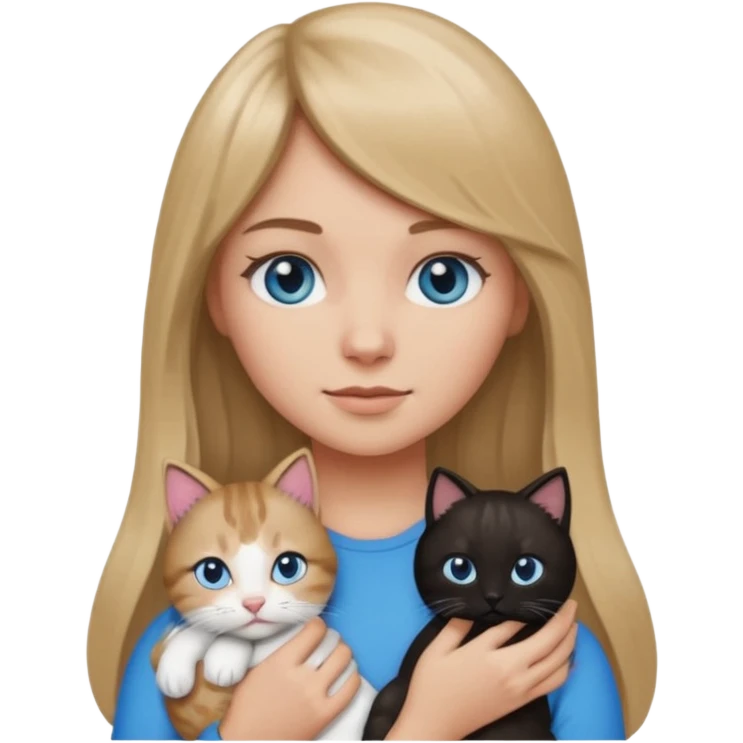 Apple-style emoji sticker of a young woman with long dark blond hair and bang, blue eyes , holding a kitty with black and white patch on her chest.  emoji