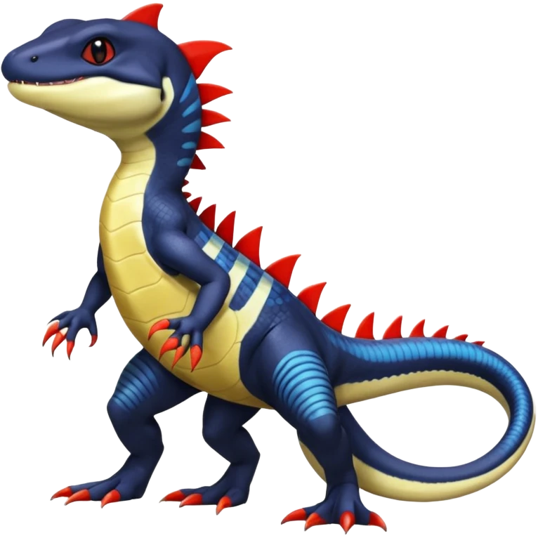 Black and white Orca-hybrid-reptile-reptilian-lizard-skink-gecko-Digimon-Fakémon-Pokémon-fusion-hybrid full body, two legs, two arms, claws, anthropomorphic, with red stripe emoji