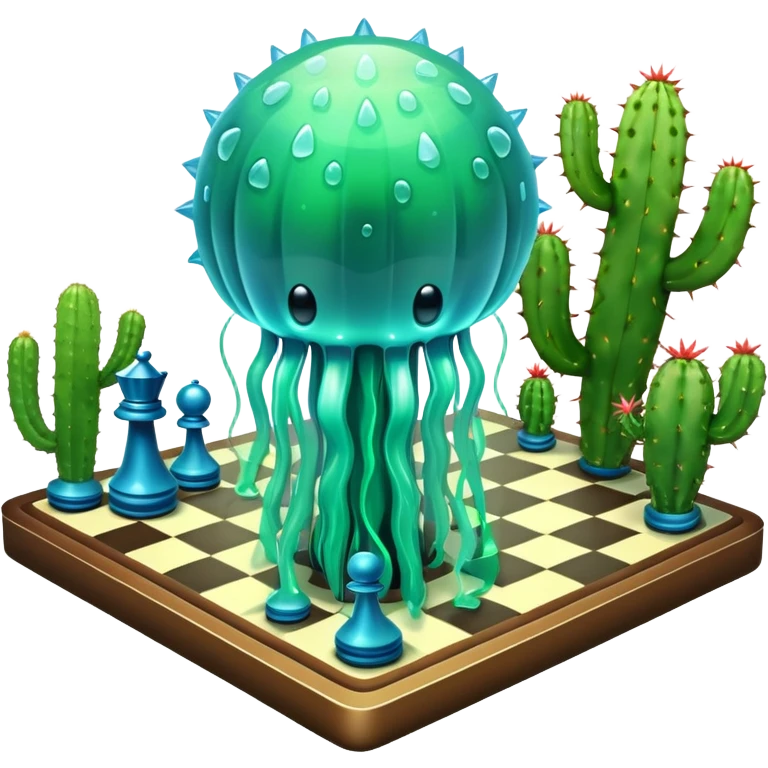 surreal cosmic jellyfish playing chess with a cactus emoji