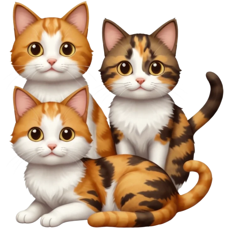 3 different coloured small cats including a dark brown tabby and white, and a patchy calico, and a ginger and white emoji