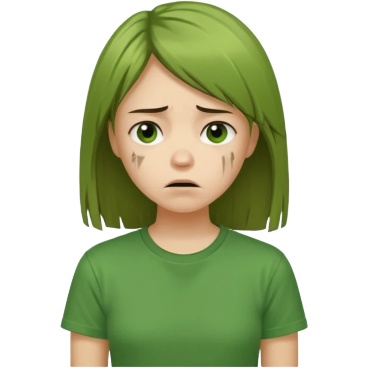 Chica joven con el pelo liso y dañado, descuidado, camiseta verde, con cara triste y desanimada emoji