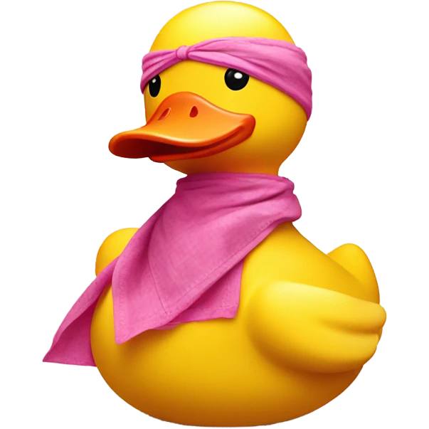 side view of yellow rubber duck with a pink bandana doing yoga emoji