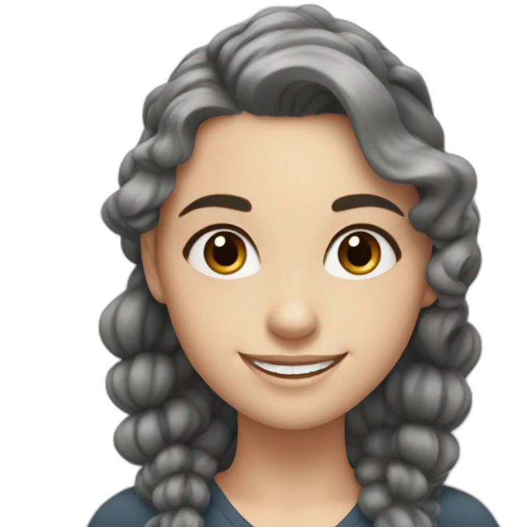 white girl with black long curly ponytail and grey eyes smiling emoji