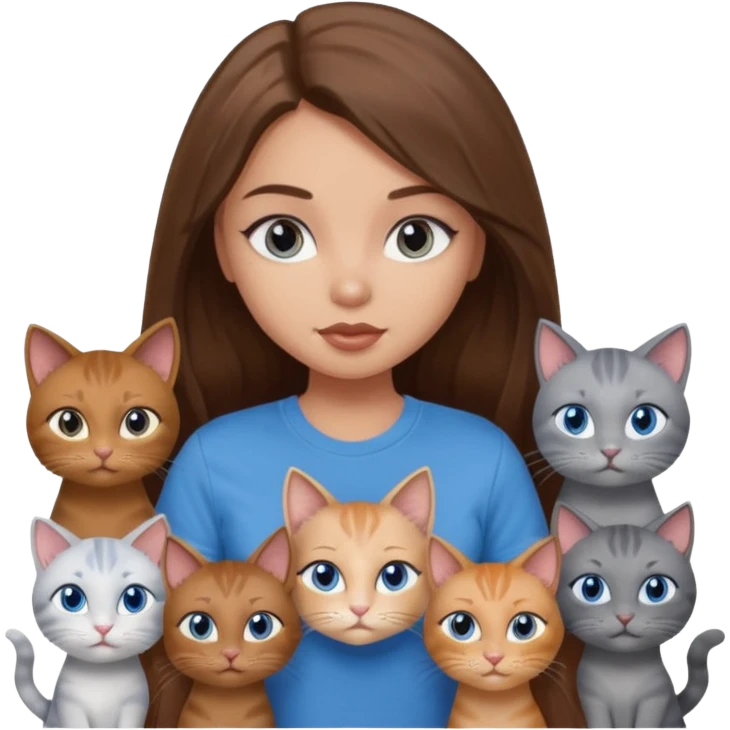 a pretty bratz dusky light skin girl with long brown hair, blue eyes with six cats nd wearing a grey tshirt emoji