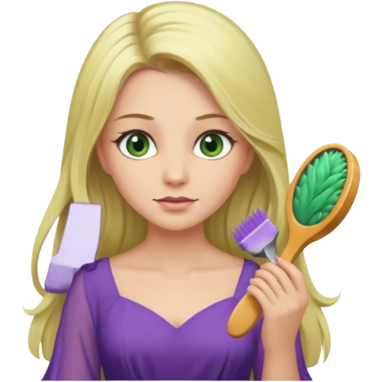 blonde woman with swamp green eyes, soft purple dress, combing her long hair, iOS emoji style emoji
