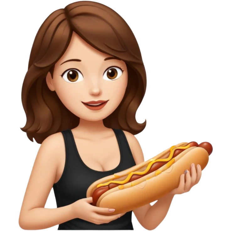 Medium length wavy Brown hair. Very Large boobs. Black tanktop. Side profile. Hot dog emoji