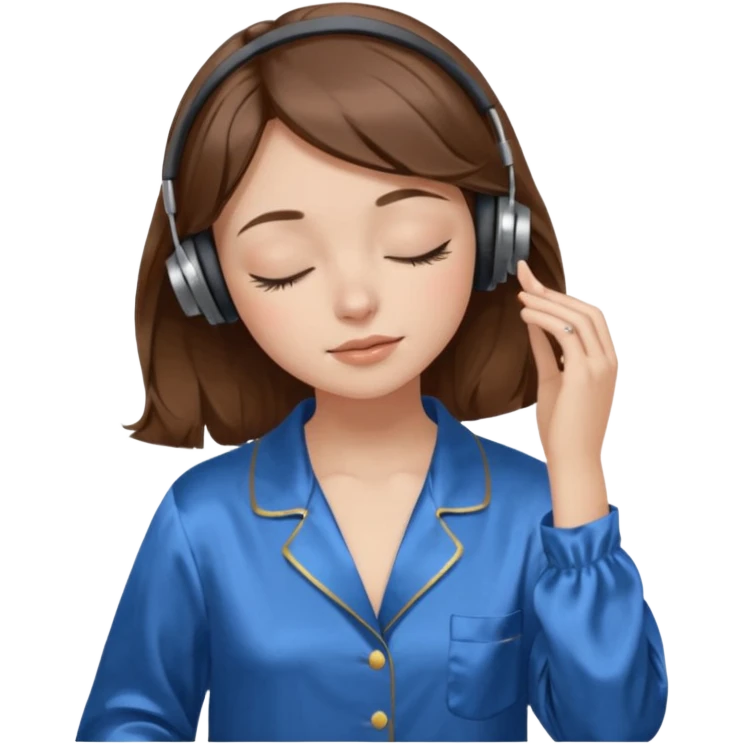 chica con pelo castaño ojos cerrados escuchando musica en pijama azul modo clean girl emoji
