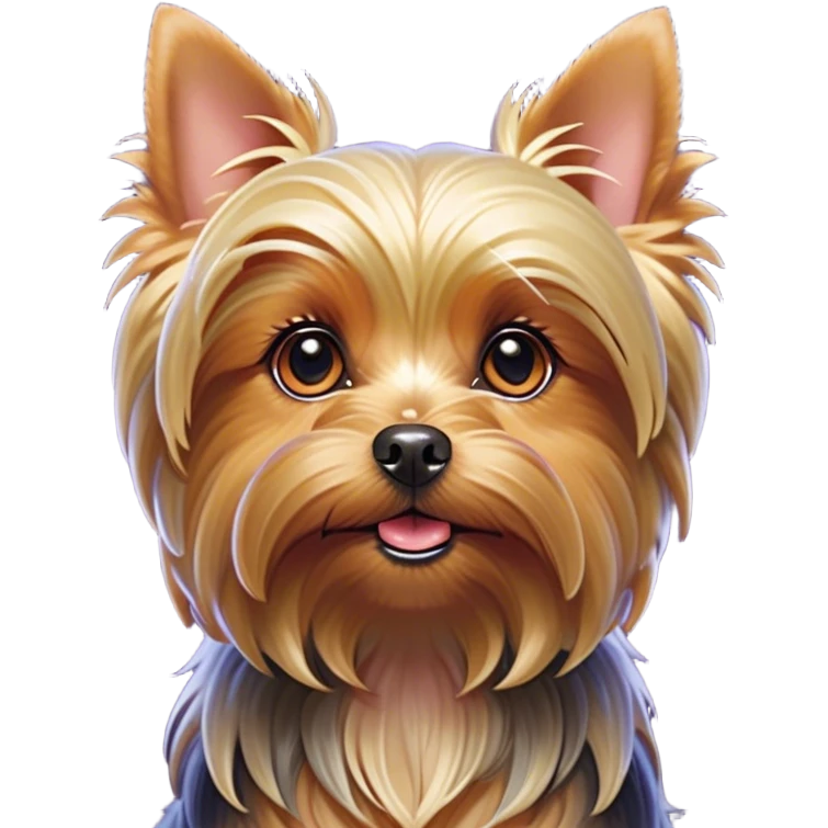 Cinematic Cute Yorkshire Terrier Portrait Emoji, Head perked with bright, twinkling eyes and a perky expression, showcasing a soft, silky fur in rich hues, simplified yet adorably detailed, glowing with a cheerful, inviting glow, high shine, exuding playful intelligence and spunky charm, styled with a gentle, whimsical outline, capturing the essence of a cute Yorkshire Terrier that appears ready to frolic off the screen with irresistible energy! emoji