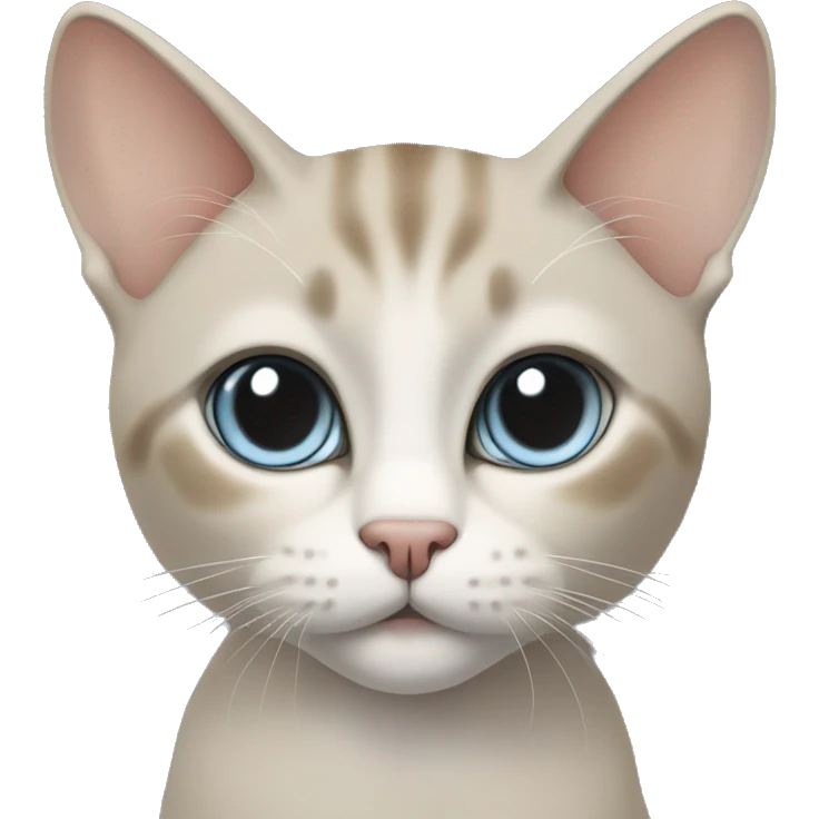 Thai breed cat with a light cream-brown body, dark gray face, ears, and paws. Short fur, sharp ears, and striking light blue eyes with an intense gaze. emoji