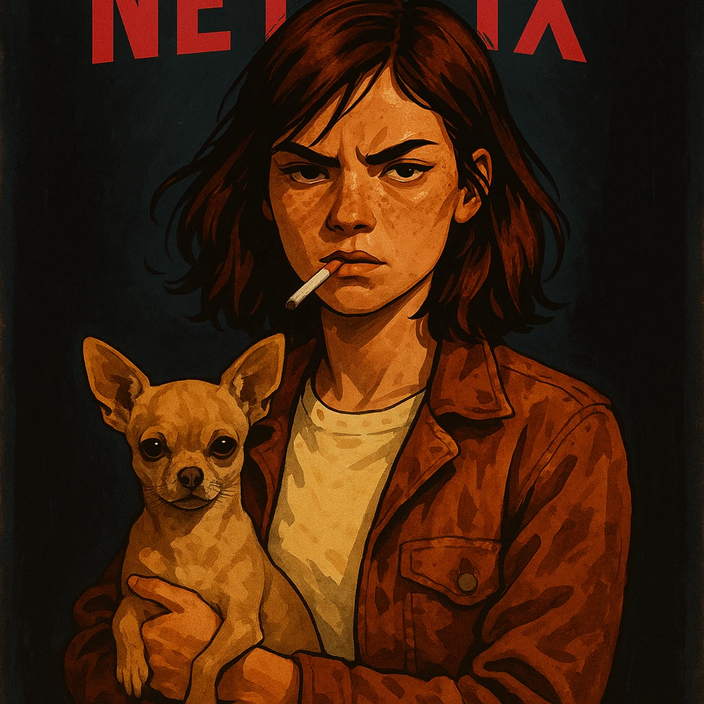 Stylized Netflix poster: rebellious woman, tanned skin, freckles, pale #FFF8CA shirt, rust jacket, medium-length auburn brown hair, holding beige-brown chihuahua, dark background. emoji