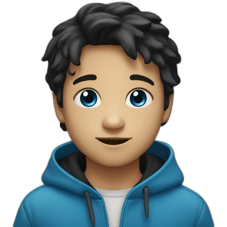 un niño con pelo liso y negro  medio oscuro con ojos azules oscuros emoji