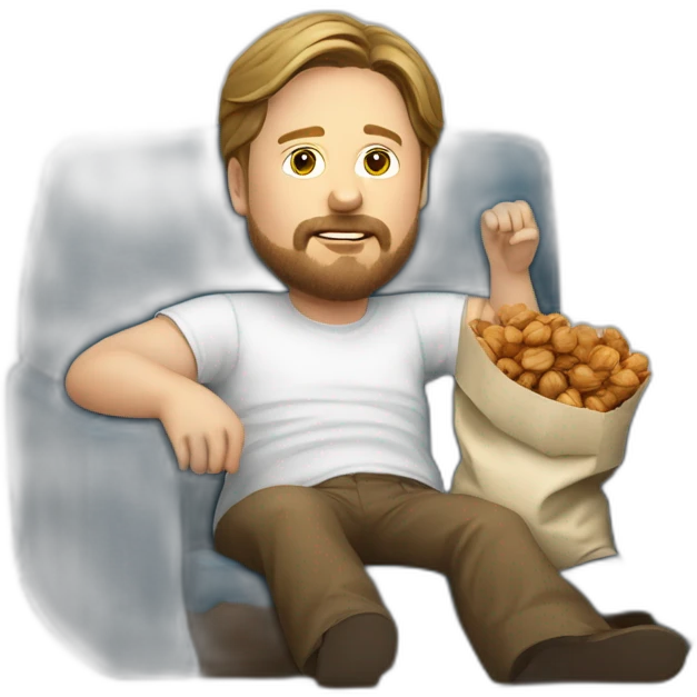 tim heidecker with a beard lazy lounging on couch holding a plastic bag of walnuts emoji