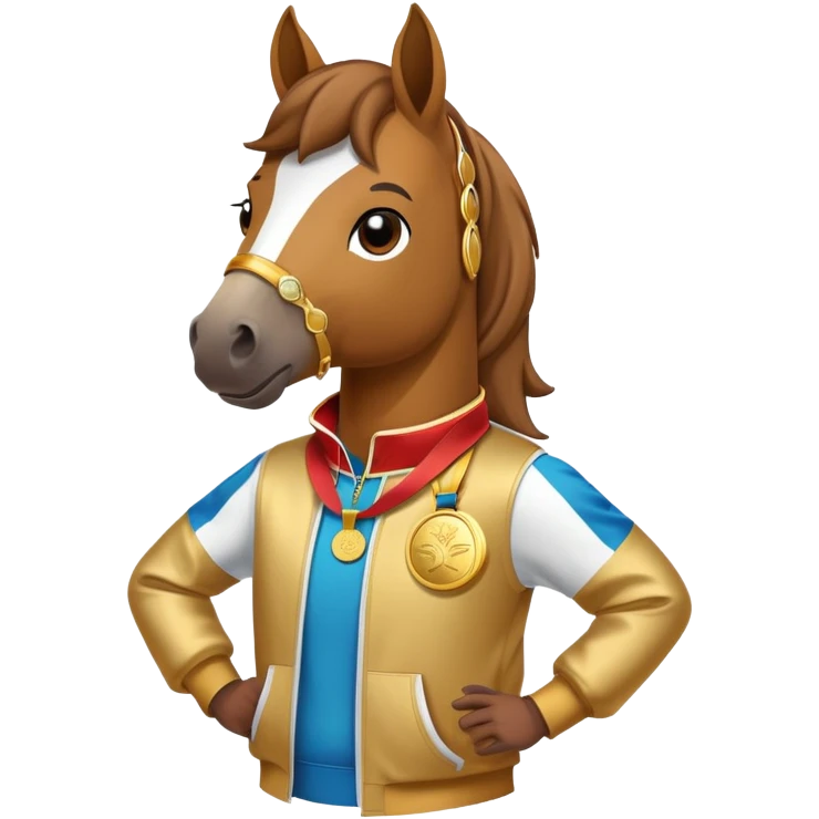 friendly anthropomorphised horse in a hip-hop outfit, wearing a gold medal emoji